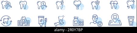 Set of dental health related icons. Dentistry, orthodontic treatment and hygiene. Pixel perfect, editable stroke Stock Vector