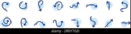 Set of different arrows. Straight and curvy. User interface icons. Pixel perfect, editable stroke Stock Vector