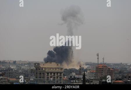 Gaza. 10th May, 2023. Smokes are seen following an Israeli airstrike in the southern Gaza Strip city of Rafah on May 10, 2023. Credit: Khaled Omar/Xinhua/Alamy Live News Stock Photo