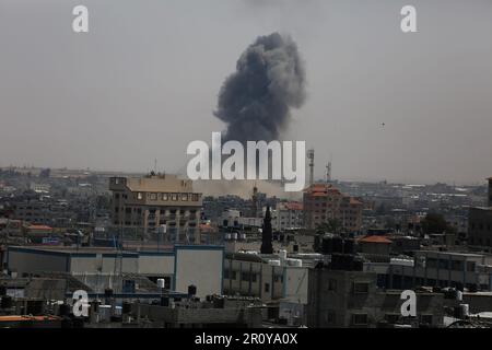 Gaza. 10th May, 2023. Smokes are seen following an Israeli airstrike in the southern Gaza Strip city of Rafah on May 10, 2023. Credit: Khaled Omar/Xinhua/Alamy Live News Stock Photo