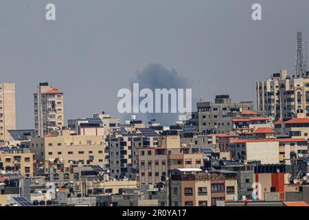 Gaza. 10th May, 2023. Smokes are seen following an Israeli airstrike in Gaza City on May 10, 2023. Credit: Rizek Abdeljawad/Xinhua/Alamy Live News Stock Photo