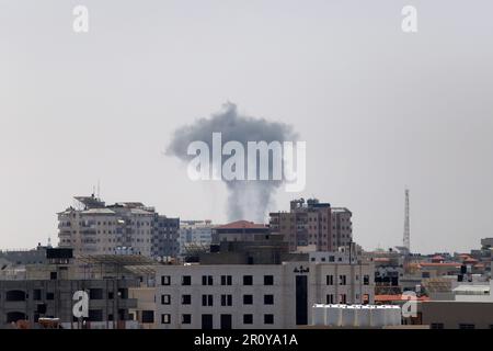 Gaza. 10th May, 2023. Smokes are seen following an Israeli airstrike in Gaza City on May 10, 2023. Credit: Rizek Abdeljawad/Xinhua/Alamy Live News Stock Photo