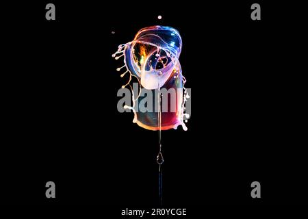 Falling drops of colored liquid, water splashes on a black background Stock Photo