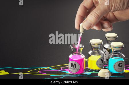 Hand manipulating colors over black background. Substractive colors CMYK, Cyan, Magenta, Yellow and Key concept Stock Photo