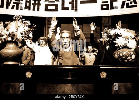 S.Y. Lee, Vice President of South Korea, leads cheers at the close of the UN Day ceremony at Seoul.  October 24, 1950.  Photo by Sgt. Ray Turnbull (U.S. Army) Stock Photo