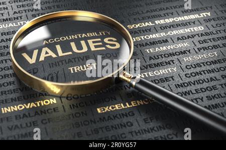 Magnifier over golden text written on black background. Company culture words. Brand values. 3D illustration Stock Photo