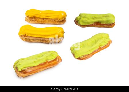 Fresh tasty eclairs isoalted on white background. Top view. Stock Photo