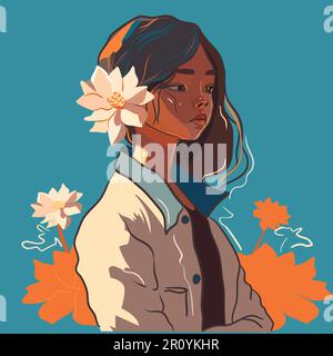 Pretty girl with flower in her hair vector illustration in flat technique Stock Vector