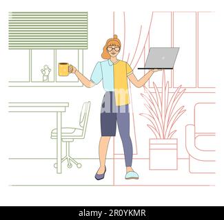 A business girl in hybrid clothes,a formal suit and home clothes with a laptop in her hands, against the backdrop of a working office and a homely Stock Vector