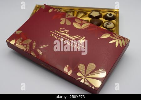 Box of Lindt praline chocolate. Swiss chocolate Stock Photo