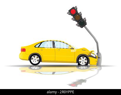 Accident. A yellow car crashed into a traffic light on a wet road. Stock Vector