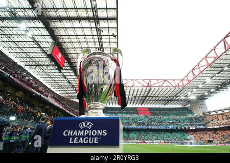 Milan, Italy. 10th May, 2023. A detailed view of the UEFA Champions League trophy is seen on a plinth prior to the during the UEFA Champions League semi-final first leg match between AC Milan and FC Internazionale at Stadio Giuseppe Meazza, Milan, Italy on 10 May 2023. Credit: Giuseppe Maffia/Alamy Live News Stock Photo