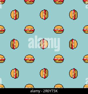 Burger pixel art pattern seamless. Hamburger pixelated background. Fast food 8 bit texture Stock Vector