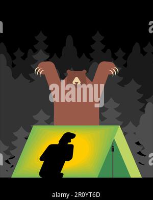 Bear and Camping Tent. Angry grizzly scares the tourist. Stock Vector