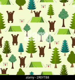 Angry bear in forest pattern seamless. camping tent background Stock Vector