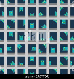 Cat house pattern seamless. Cat in window background. Baby fabric texture Stock Vector