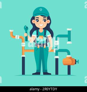 Female plumber. Flat style illustration of plumber woman in workwear. Concept of woman at work Stock Vector