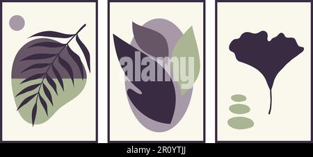 Set of creative minimalist paintings with botanical elements and shapes. For interior decoration, print and design Stock Vector