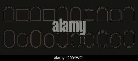 Set of minimalistic linear arch frames in trendy modern minimalist Y2k aesthetic style. Abstract vector design outline elements - arc, geometric form Stock Vector