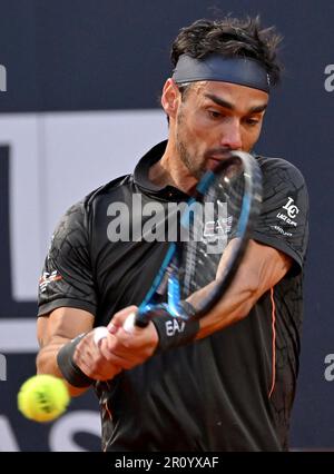 May 10, 2023, ROME: Fabio Fognini of Italy reacts during his men's singles  first round match against Andy Murray of Britain (not pictured) at the Italian  Open tennis tournament in Rome, Italy