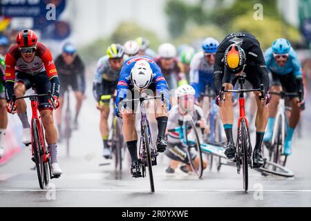 Salerno, Italy. 10th May, 2023. Danish Mads Pedersen of Trek-Segafredo, Australian Kaden Groves of Alpecin-Deceuninck and Italian Jonathan Milan of Bahrain Victorious sprint to the finish of stage five of the 2023 Giro D'Italia cycling race, from Atripalda to Salerno (171 km), in Italy, Wednesday 10 May 2023. The 2023 Giro takes place from 06 to 28 May 2023. BELGA PHOTO JASPER JACOBS Credit: Belga News Agency/Alamy Live News Stock Photo