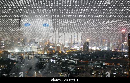 Artificial intelligence, AI everywhere and is omnipresent. The overlay robotic figure on a city background with an active network. Every person on ear Stock Photo