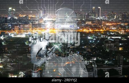 Artificial intelligence, AI everywhere and is omnipresent. The overlay robotic figure on a city background. Every person on earth can benefit from the Stock Photo