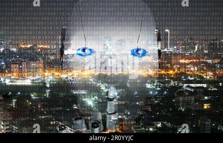 Artificial intelligence, AI everywhere and is omnipresent. The overlay robotic figure on a city background. Every person on earth can benefit from the Stock Photo