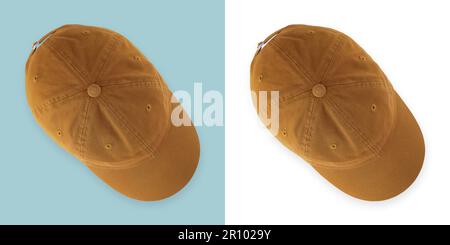 Visor cap in brown colored cotton. Fashion accessory for casual wear, sport, work, gardening or fun. Top view isolated on white background. Hat to pro Stock Photo