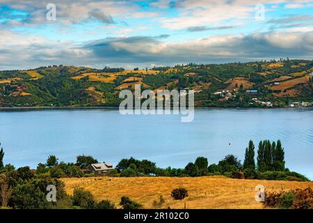 Meadows at Canal Dalcahue, Chiloe Island, Chile Stock Photo