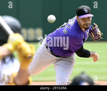 Pittsburgh, United States. 10th May, 2023. Colorado Rockies starting pitcher Antonio Senzatela (49) throws against the Pittsburgh Pirates during the second inning at PNC Park on Wednesday May 10, 2023 in Pittsburgh. Photo by Archie Carpenter/UPI Credit: UPI/Alamy Live News Stock Photo