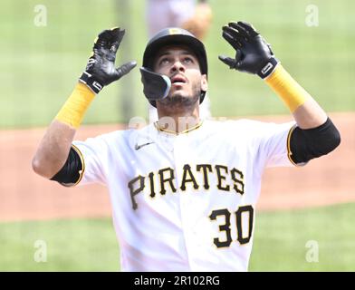 Pittsburgh, United States. 10th May, 2023. Pittsburgh Pirates second baseman Tucupita Marcano (30) celebrates his solo homer in the third inning against the Colorado Rockies at PNC Park on Wednesday May 10, 2023 in Pittsburgh. Photo by Archie Carpenter/UPI Credit: UPI/Alamy Live News Stock Photo