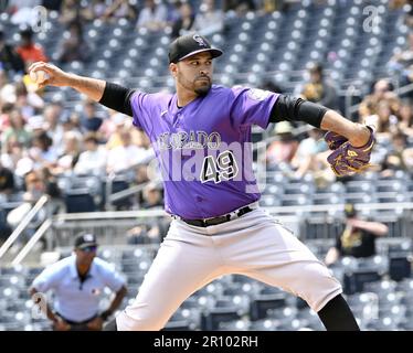 Pittsburgh, United States. 10th May, 2023. Colorado Rockies starting pitcher Antonio Senzatela (49) throws against the Pittsburgh Pirates during the first Inning at PNC Park on Wednesday May 10, 2023 in Pittsburgh. Photo by Archie Carpenter/UPI Credit: UPI/Alamy Live News Stock Photo