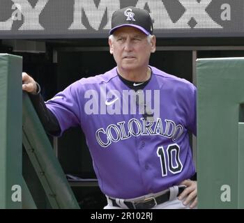 Pittsburgh, United States. 10th May, 2023. Colorado Rockies manager Bud Black (10) looks out for the the dugout during the fourth inning against the Pittsburgh Pirates at PNC Park on Wednesday May 10, 2023 in Pittsburgh. Photo by Archie Carpenter/UPI Credit: UPI/Alamy Live News Stock Photo