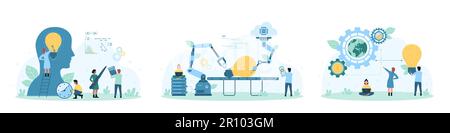 Project development set vector illustration. Cartoon tiny people repair light bulb inside human head, work together with robots to design lamp on conveyor line, develop connection to gears system Stock Vector