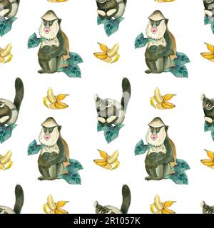 Seamless pattern with funny monkeys and bananas on a white background. All elements are hand painted in watercolor. Suitable for printing on fabric Stock Photo