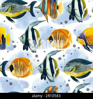 Seamless pattern. Tropical fishes of bright colors, pink stars, corals and blue spots, hand-drawn in watercolor on a white background. Suitable for pr Stock Photo