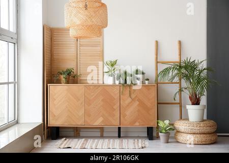 Stylish wooden cabinet with houseplants in interior of room Stock Photo