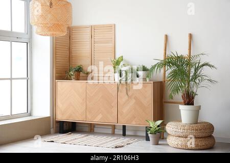 Stylish wooden cabinet with houseplants in interior of room Stock Photo