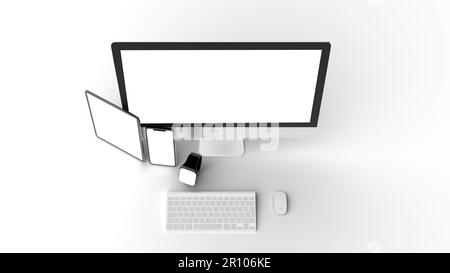 Blank screen - mockup of Computer, tablet, smartphone, smartwatch keyboard and mouse isolated on white background high quality details -3D rendering Stock Photo