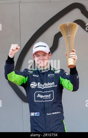 Winner Nick Cassidy (Envision Racing) seen on the podium. The winner of the 6th edition of the FIA ABB Formula E World Championship was Nick Cassidy of Envision Racing Team. It was his second consecutive triumph in his career. Stock Photo