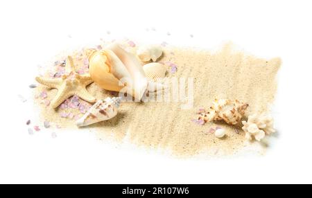 Sand with seashells, purple sea salt and starfishes on white background Stock Photo