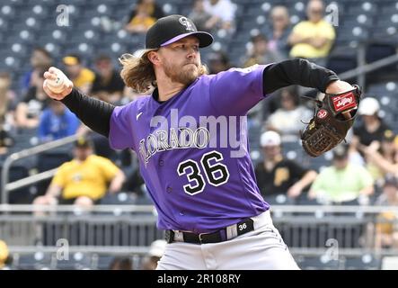 Pittsburgh, United States. 10th May, 2023. Colorado Rockies relief pitcher Pierce Johnson (36) throws in the ninth inning against the Pittsburgh Piratesat PNC Park on Wednesday May 10, 2023 in Pittsburgh. Photo by Archie Carpenter/UPI Credit: UPI/Alamy Live News Stock Photo