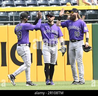 Pittsburgh, United States. 10th May, 2023. Colorado Rockies outfield celebrates 4-3 win against the Pittsburgh Pirates at PNC Park on Wednesday May 10, 2023 in Pittsburgh. Photo by Archie Carpenter/UPI Credit: UPI/Alamy Live News Stock Photo