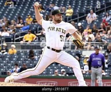 Pittsburgh, United States. 10th May, 2023. Pittsburgh Pirates relief pitcher David Bednar (51) throws late it the 4-3 lost to the Colorado Rockies at PNC Park on Wednesday May 10, 2023 in Pittsburgh. Photo by Archie Carpenter/UPI Credit: UPI/Alamy Live News Stock Photo