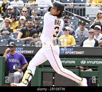 Pittsburgh, United States. 10th May, 2023. Pittsburgh Pirates center fielder Ji Hwan Bae (3) doubles against the Colorado Rockies at PNC Park on Wednesday May 10, 2023 in Pittsburgh. Photo by Archie Carpenter/UPI Credit: UPI/Alamy Live News Stock Photo
