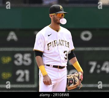 Pittsburgh, United States. 10th May, 2023. Pittsburgh Pirates second baseman Tucupita Marcano (30) blows a bubble gum bubble during the Pirates 4-3 lost to the Colorado Rockies at PNC Park on Wednesday May 10, 2023 in Pittsburgh. Photo by Archie Carpenter/UPI Credit: UPI/Alamy Live News Stock Photo