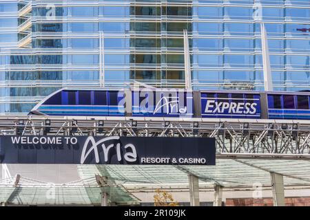 Aira Express tran for unique architecture Aria Hotel and Resort in Las Vegas. Stock Photo