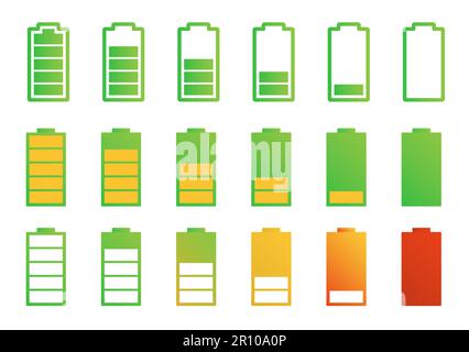 Device charging icons set. Small, medium and large charge levels. Icon for phone, laptop, app and presentation Stock Vector