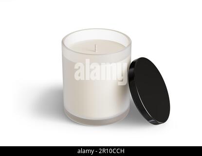 Minimalist candle mockup, frosted glass candle jar with wooden lid open ...